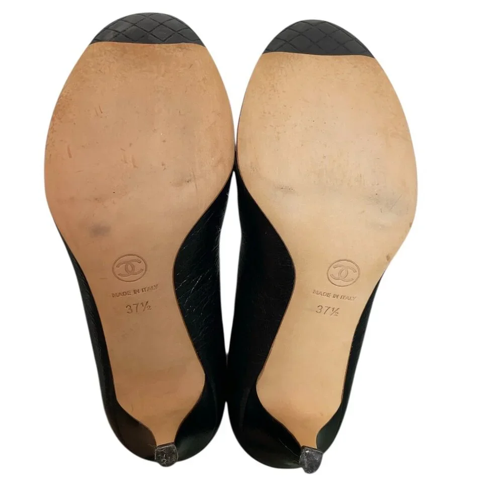 CHANEL Classic CC Logo Cap Toe Bow Elastic Pumps Heels \\ 37.5